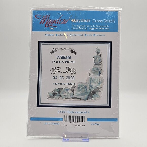 Maydear Birth Memorial Cross Stitch Kit Pre-Printed Fabric - Picture 1 of 6